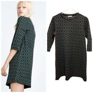 Zara Green and Black Trafaluc Geometric Print Shift Dress Medium